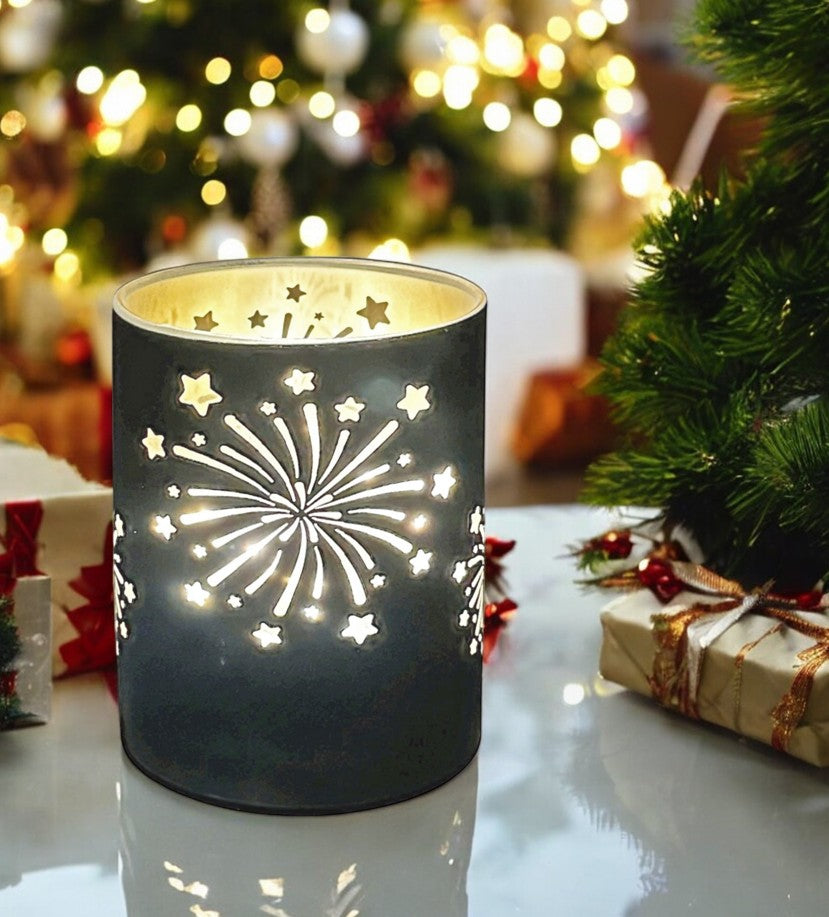 LED Windlicht aus Glas mit Feuerwerk Motiv mit 10 LED