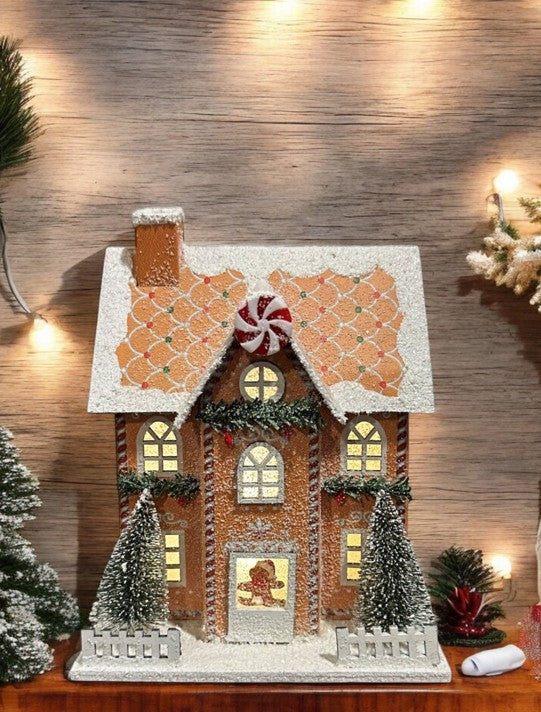 LED Deko Lebkuchenhaus braun mit bunten Verzierungen