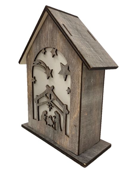 LED XMAS Haus mit Krippenszene
mit Hologrammfolie und 10 LED
Farbe: Braun