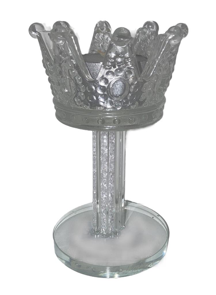 Teelichthalter Krone aus Glas 
gefüllt mit Strass 
D8cm H13cm 
für Teelichter