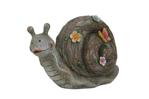 Schnecke mit Schmetterling 
aus Polyresin 
Farbe: Grau/Grün 
L:28cm B:13cm H:17cm