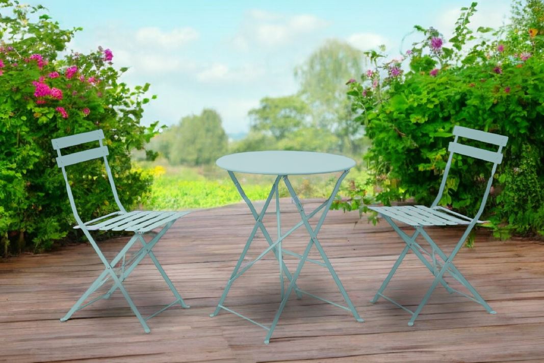 Bistro Set aus Metall Gartentisch und 2 Stühle Farbe: grün matt