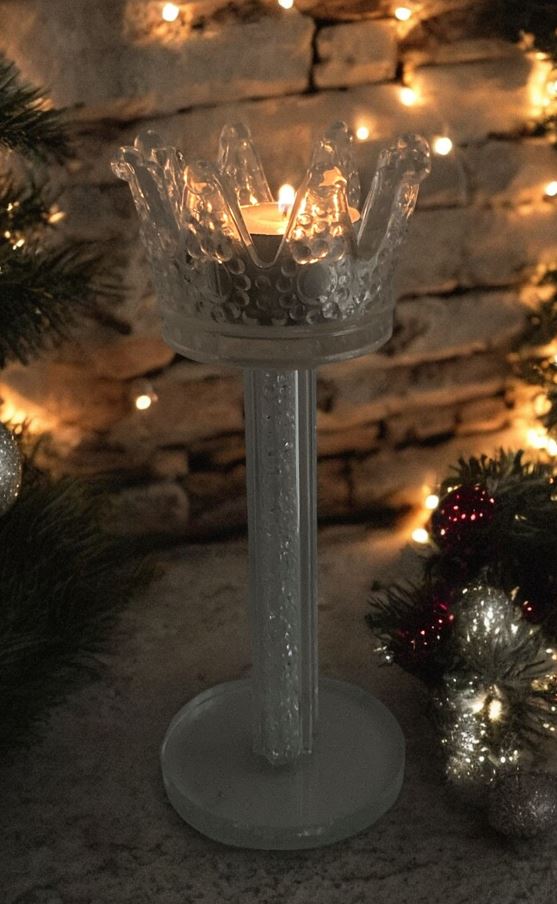 Teelichthalter Krone aus Glas 
gefüllt mit Strass 
D8cm H18cm
für Teelichter