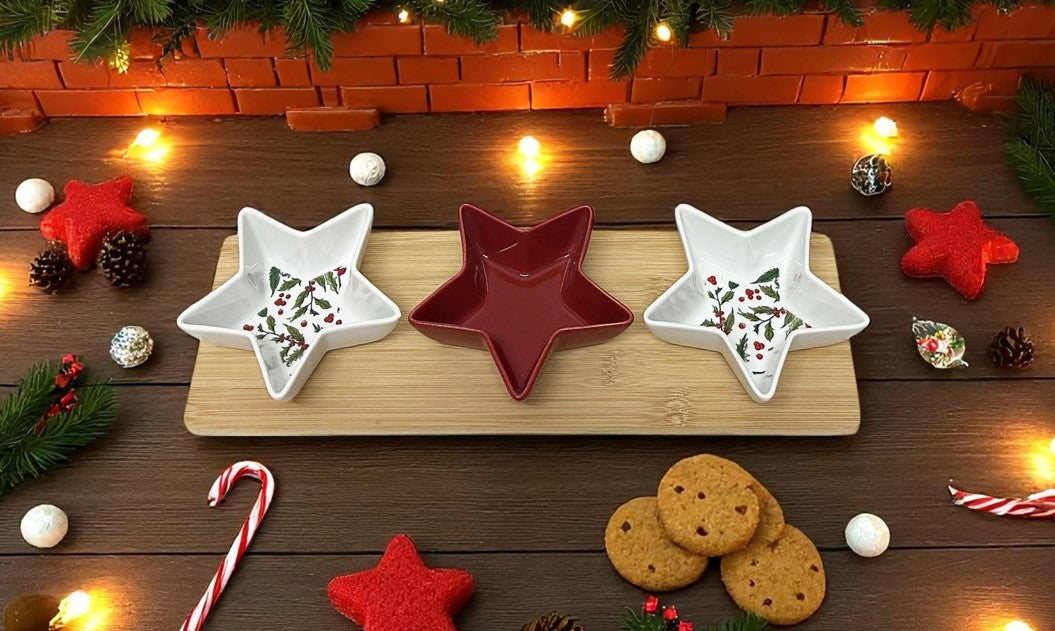 Snack Schalen Stern 3er Set auf Bambus Tablett Grösse 38x12.5cm