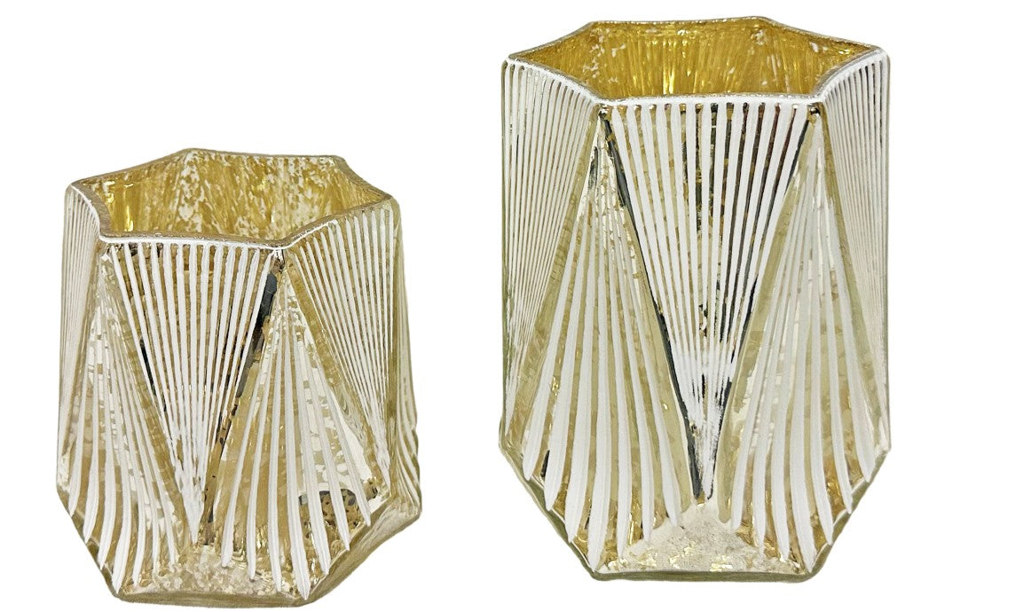 Windlicht 6 eckig Glas 
matt weiss Innen gold 
D10cm x H10cm