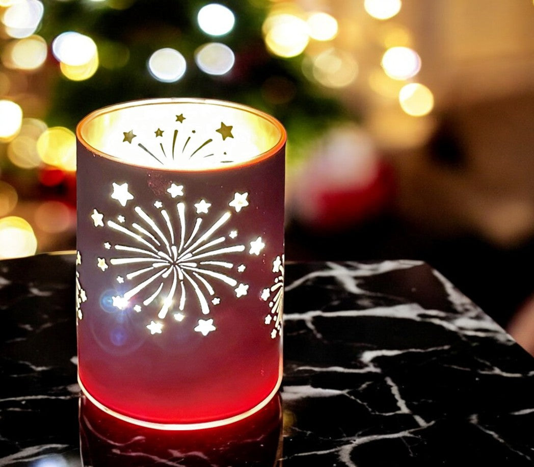 LED Windlicht aus Glas mit Feuerwerk Motiv mit 10 LED