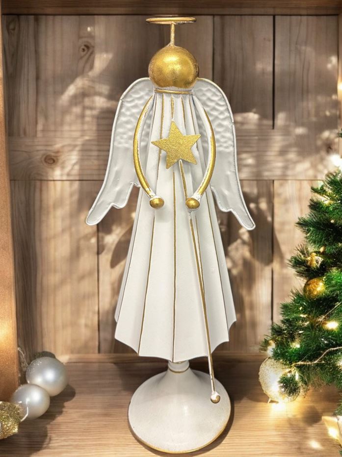 Deko Engel aus Metall mit Stern altweiss gold H55.5cm