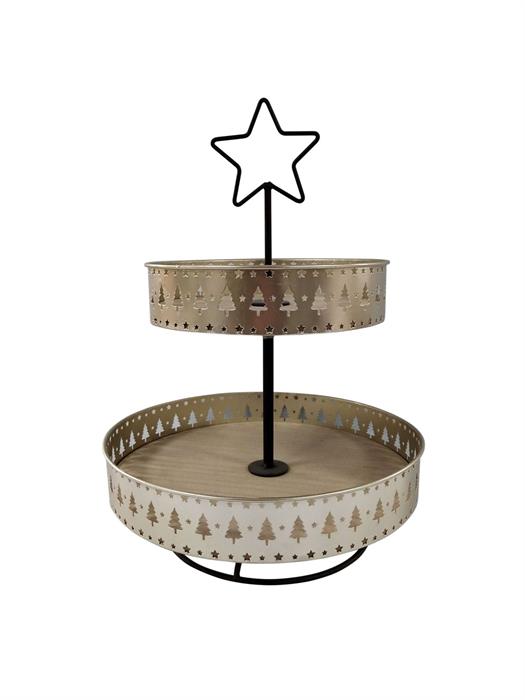 Etagere aus Metall mit 
2 Ablageflächen aus Holz
Farbe: gold