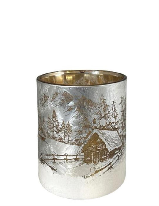 Windlicht aus Glas Bergdorfmotiv silber H10cm