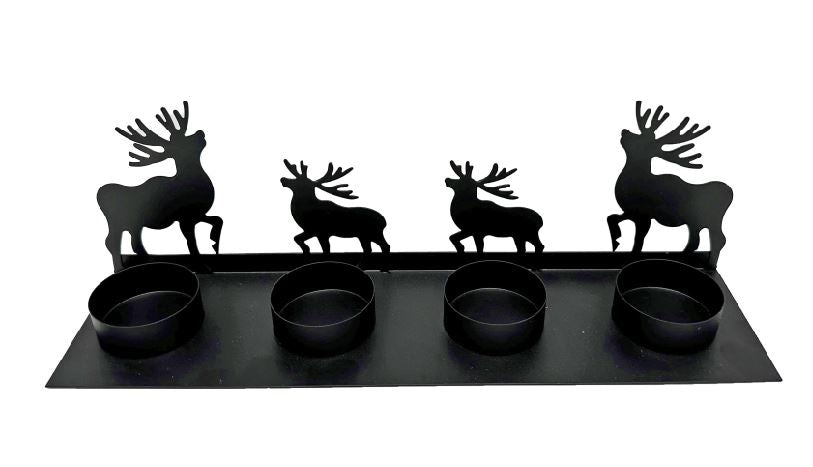 Teelichthalter mit 4 Rentieren 
aus Metall für 4 Teelichter 
L7cm x B27cm H9cm