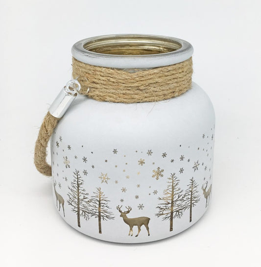 Windlicht aus Glas mit Kordel - Weiss/Gold H: 12cm D: 12cm