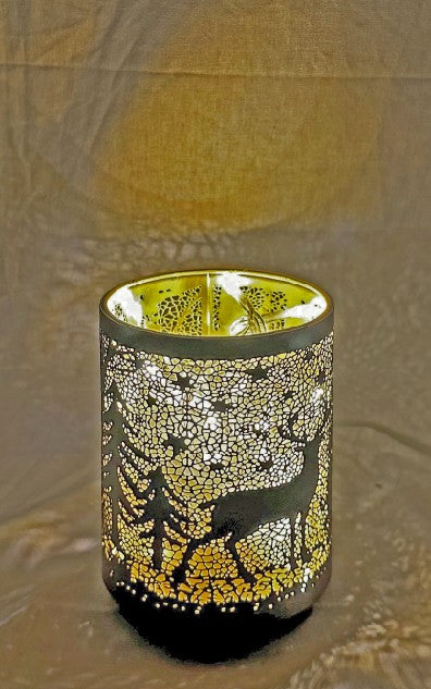 Windlicht schwarz aus Metall Motiv: Hirsch im Wald