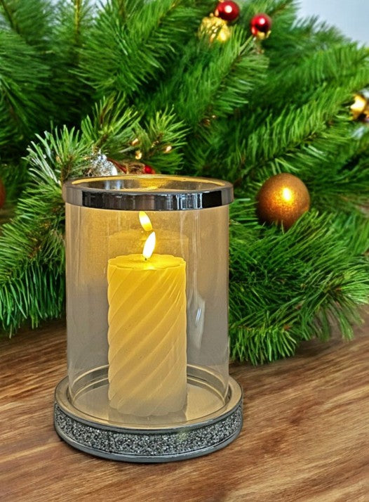 Windlicht aus Glas mit Strasssteinen auf Metallsockel H25cm
