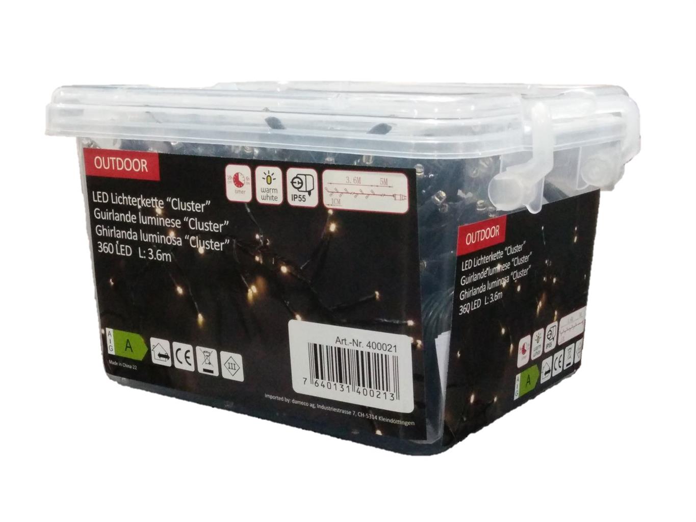 LED Outdoor "Cluster" Lichterkette 
360 LED warm weisses Licht
L: 360cm Kabelfarbe: Grün