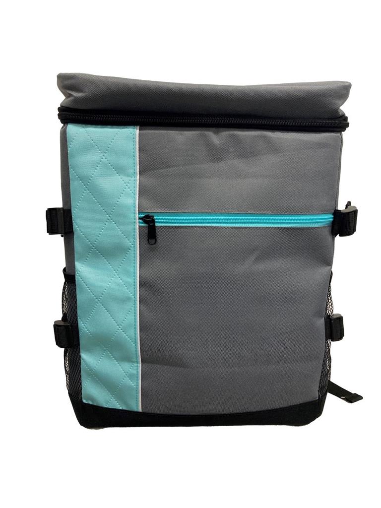 Kühltasche als Rucksack Farbe grau mit Streifen in der Farbe Türkis