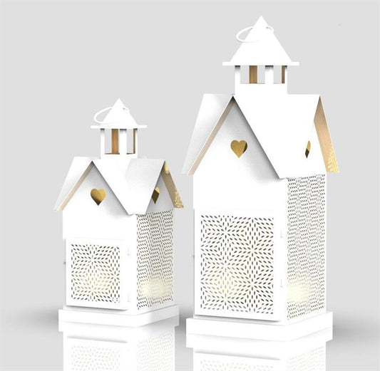 Laterne Forest 2er Set Haus aus Metall Weiss gold