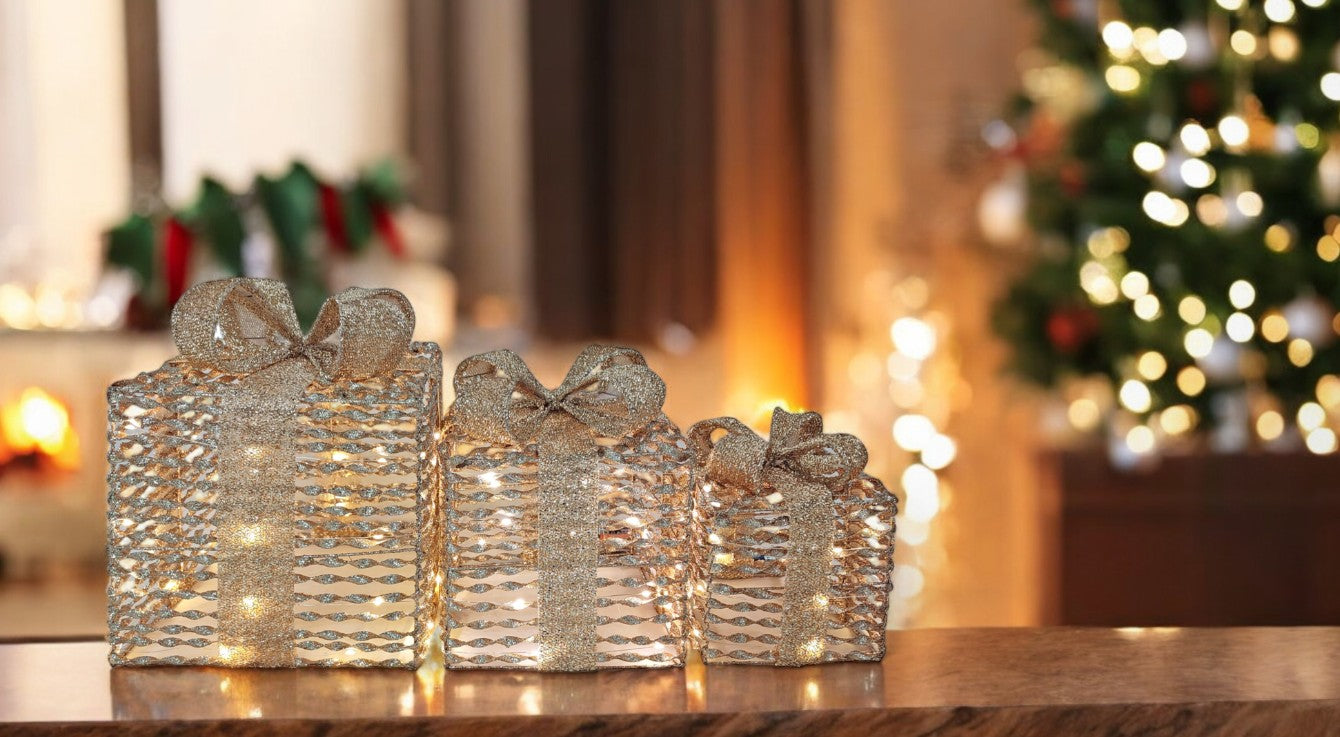 LED Geschenkboxen 3er Set gold mit Glitter mit warm weissen 20LED Indoor