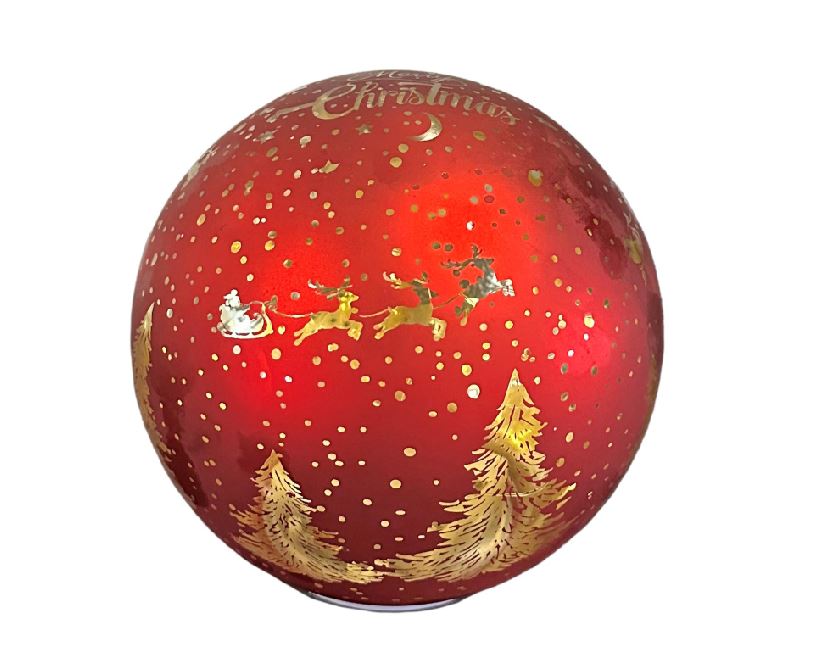 LED Glas Kugel rot mit 10 LED D:15cm Motiv: Hirsch im Wald