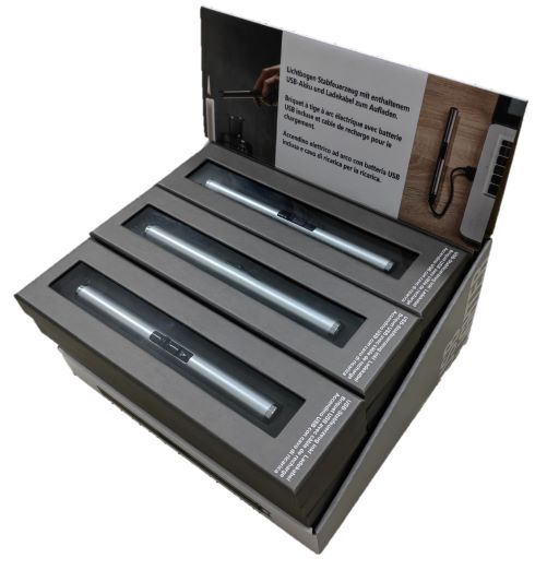 Lichtbogen USB-Stabfeuerzeug rund Farbe: Silber in Geschenkbox und Display