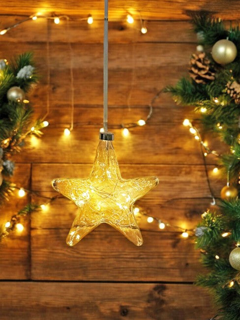 LED Glas Stern organisch gold, transparent mit 15 LED D15cm Tube Batteriefach