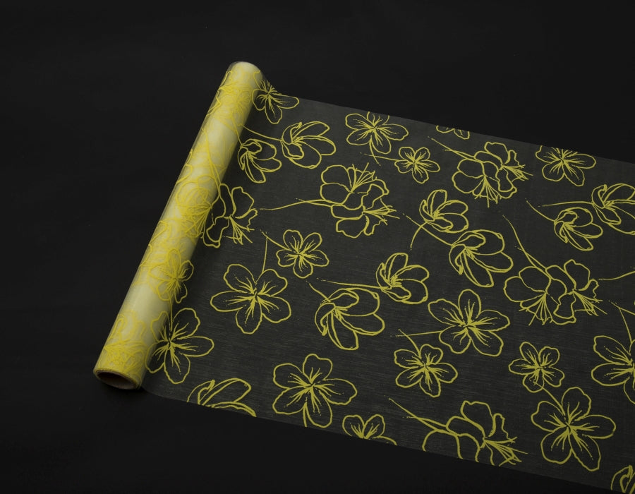 Dekostoff "Organza" gerollt 
und geschnitten gelb 
Blumendruck 
36cm x 300cm