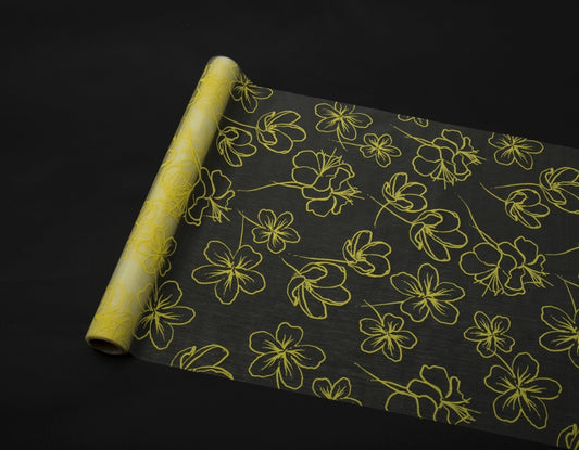 Dekostoff "Organza" gerollt 
und geschnitten gelb 
Blumendruck 
36cm x 300cm