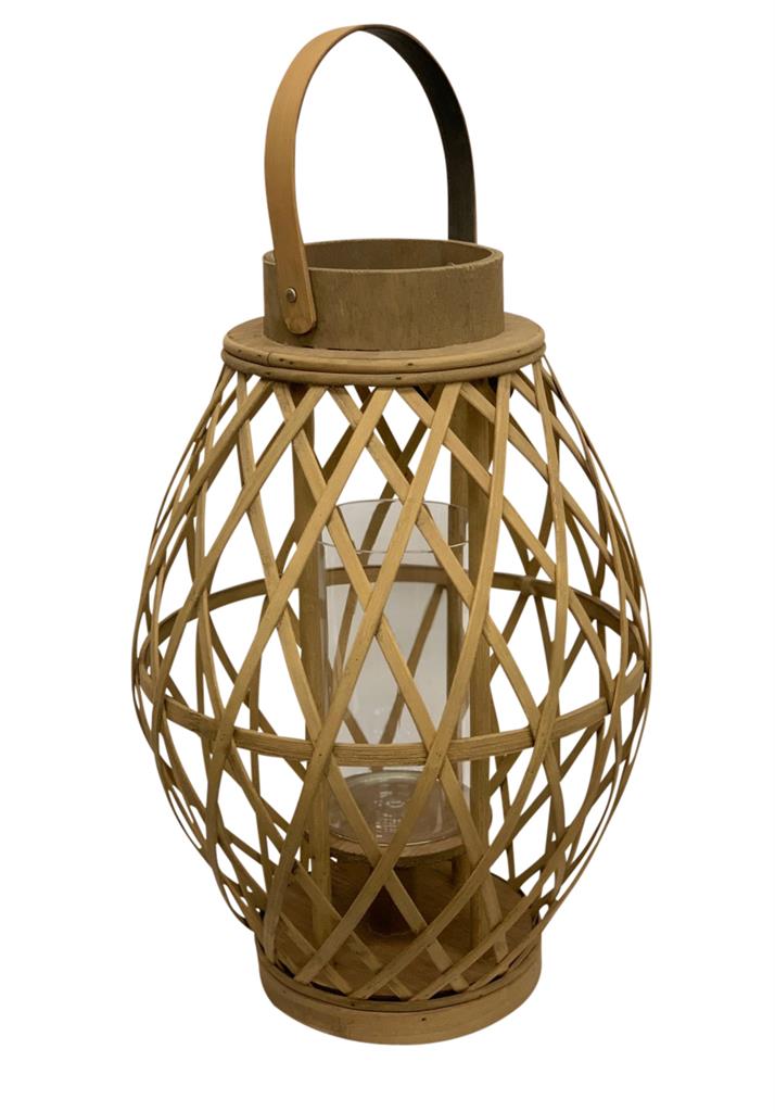 Laterne aus Bambus konisch mit Griff und Glaseinsatz
