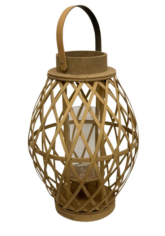 Laterne aus Bambus konisch mit Griff und Glaseinsatz
