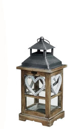 Laterne aus Holz mit Metalldach mit Herzmotiv Braun / Metalldach grau washed