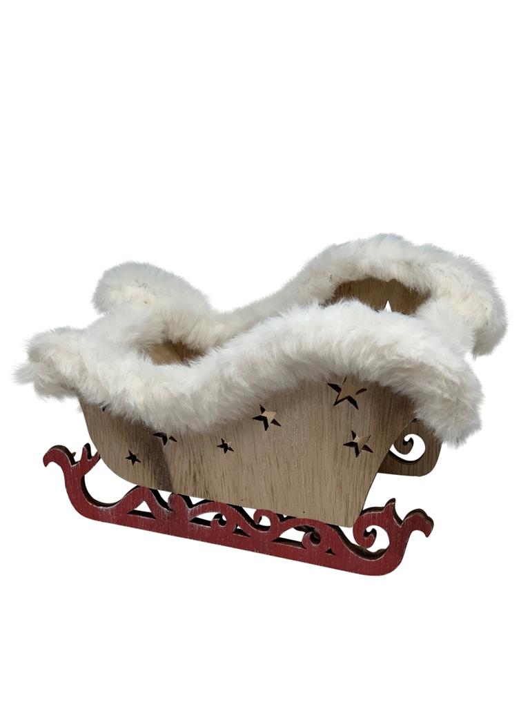 Schlitten aus Holz mit Fell dekoriert Rote Kufen L:9cm B:20.5cm H:12.5cm