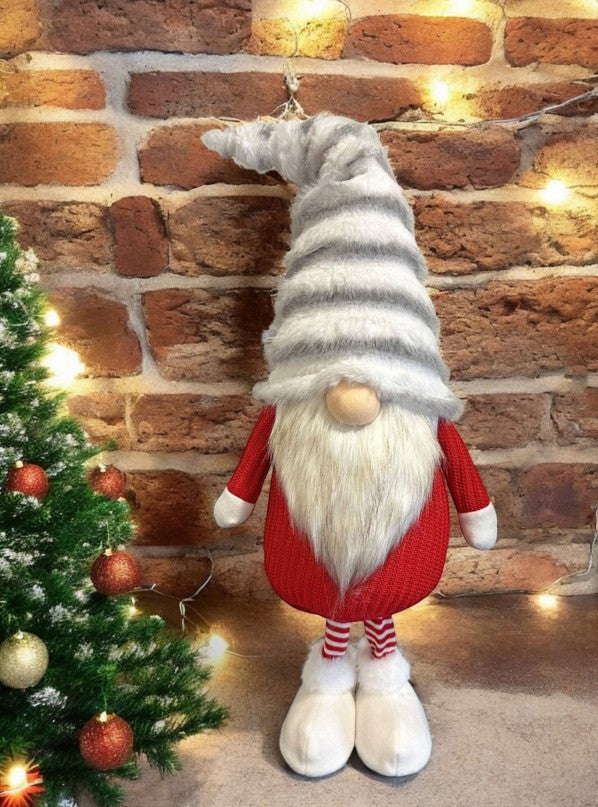 Deko Wichtel stehend rot weiss mit flauschiger Mütze grau weiss