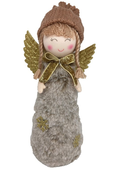 Deko Engel stehend grau 
Grösse: 8x7x21cm
mit brauner Strickmütze
