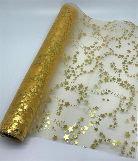 Dekostoff "Organza" - gold + goldene Sterne,
Design: Sternenwirbel,
Masse: 36cm x 300cm