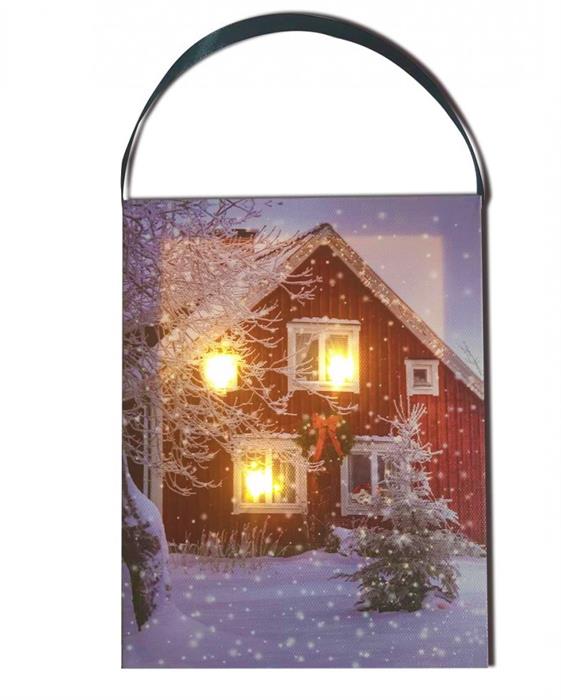 Tableau LED en toile à suspendre
 Motifs : paysage hivernal maison rouge
 3 LED