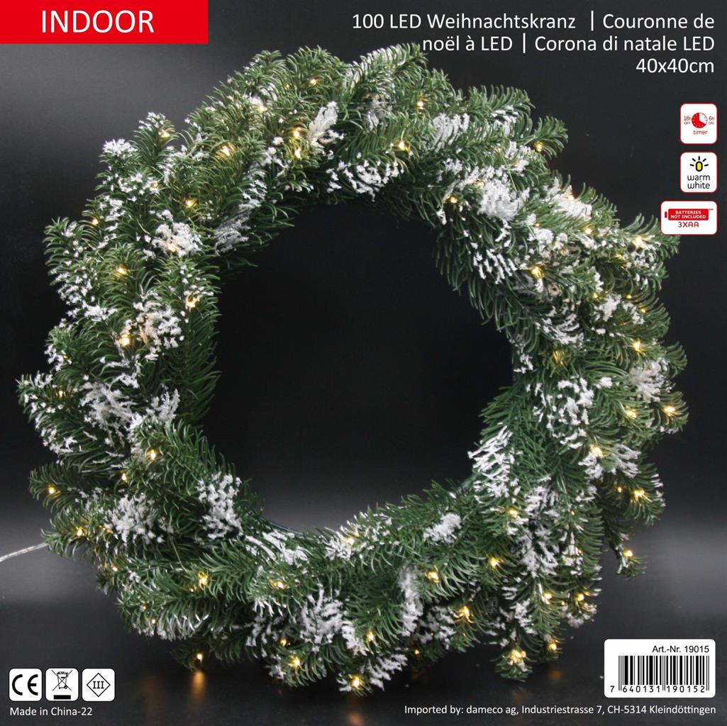 LED Weihnachtskranz mit 100 LED und D:40cm Grüne Zweige mit Schnee bedeckt