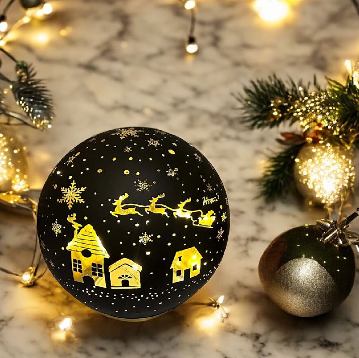 LED Glas Kugel schwarz mit 10 LED D:12cm Motiv: Weihnachtsdorf