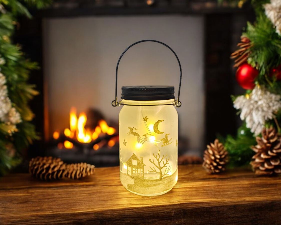 LED Windlicht mit Henkel 
Schnee Design 
mit Microlight 6LED 
warm weisses Licht