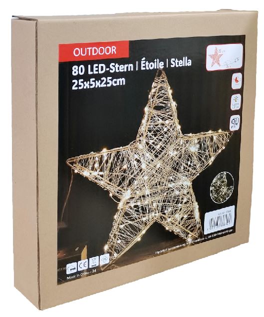 LED Stern Outdoor Metall
mit 80 LED
Farbe: Silber
D: 25cm - T:5cm