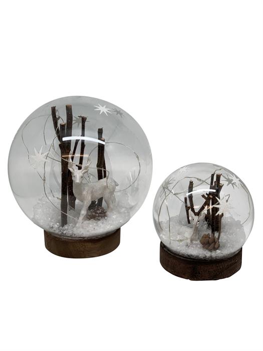 LED Glas Kugel auf braunem 
Sockel mit 12 LED
D:15cm H:16cm
Warm weisses Licht