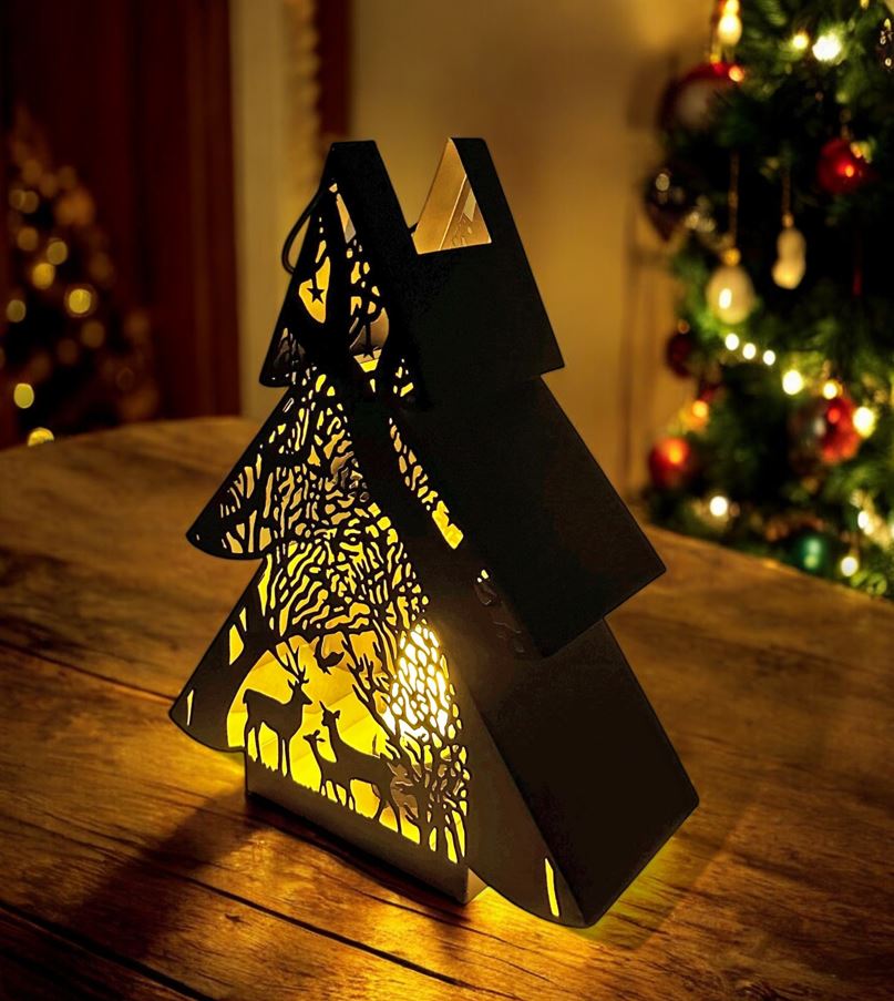 Laterne Forest Tannenbaum aus Metall Schwarz gold