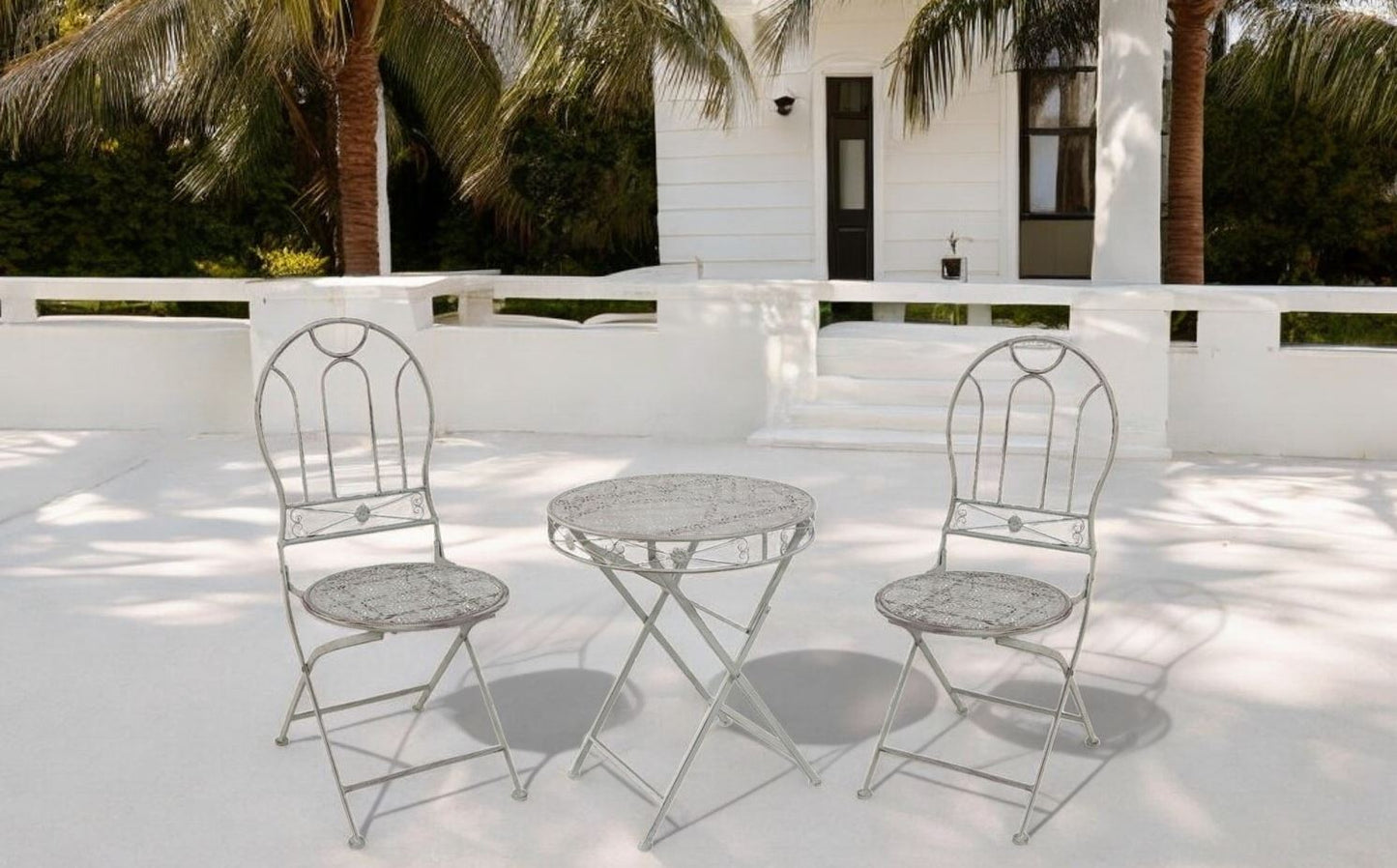 Bistro Set aus Metall Gartentisch und 2 Stühle Farbe: Vintage weiss