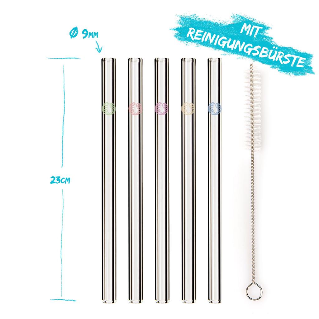 Trinkhalme Glas 6er Set 5 Trinkhalme plus Reinigungsbürste Länge 23cm