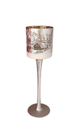 Windlicht Kelch aus Glas Bergdorfmotiv silber H25