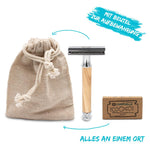 Rasierhobel aus 100% Olivenholz und Metall inkl. Jutebeutel zur Aufbewahrung