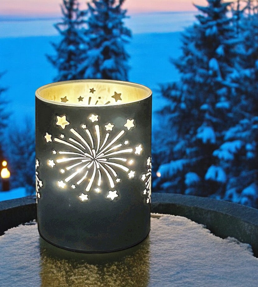 LED Windlicht aus Glas mit Feuerwerk Motiv mit 10 LED