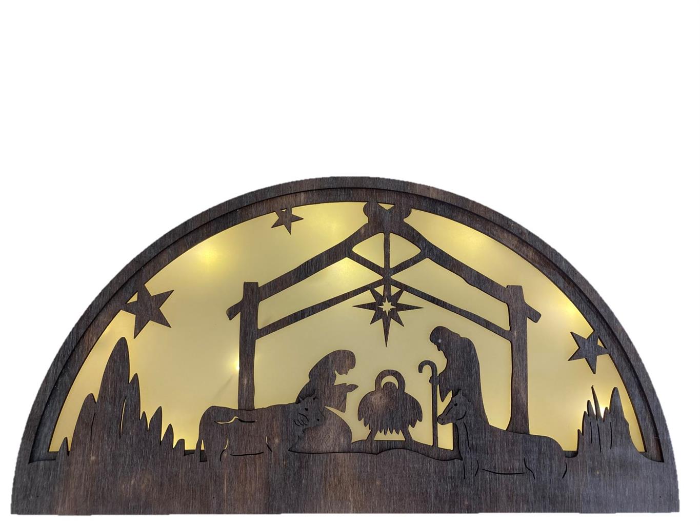 LED XMAS Bogen mit Krippenszene
mit Hologrammfolie und10 LED
Farbe: braun