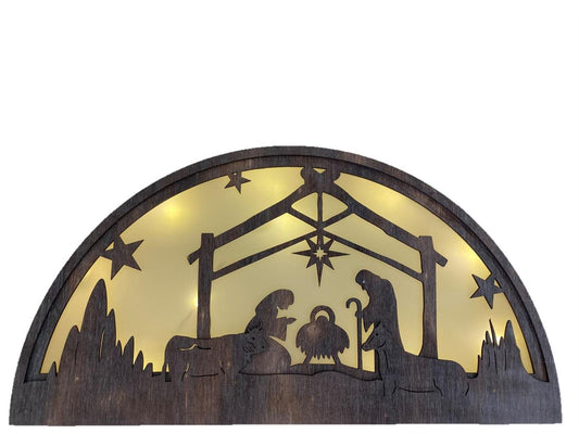 LED XMAS Bogen mit Krippenszene
mit Hologrammfolie und10 LED
Farbe: braun