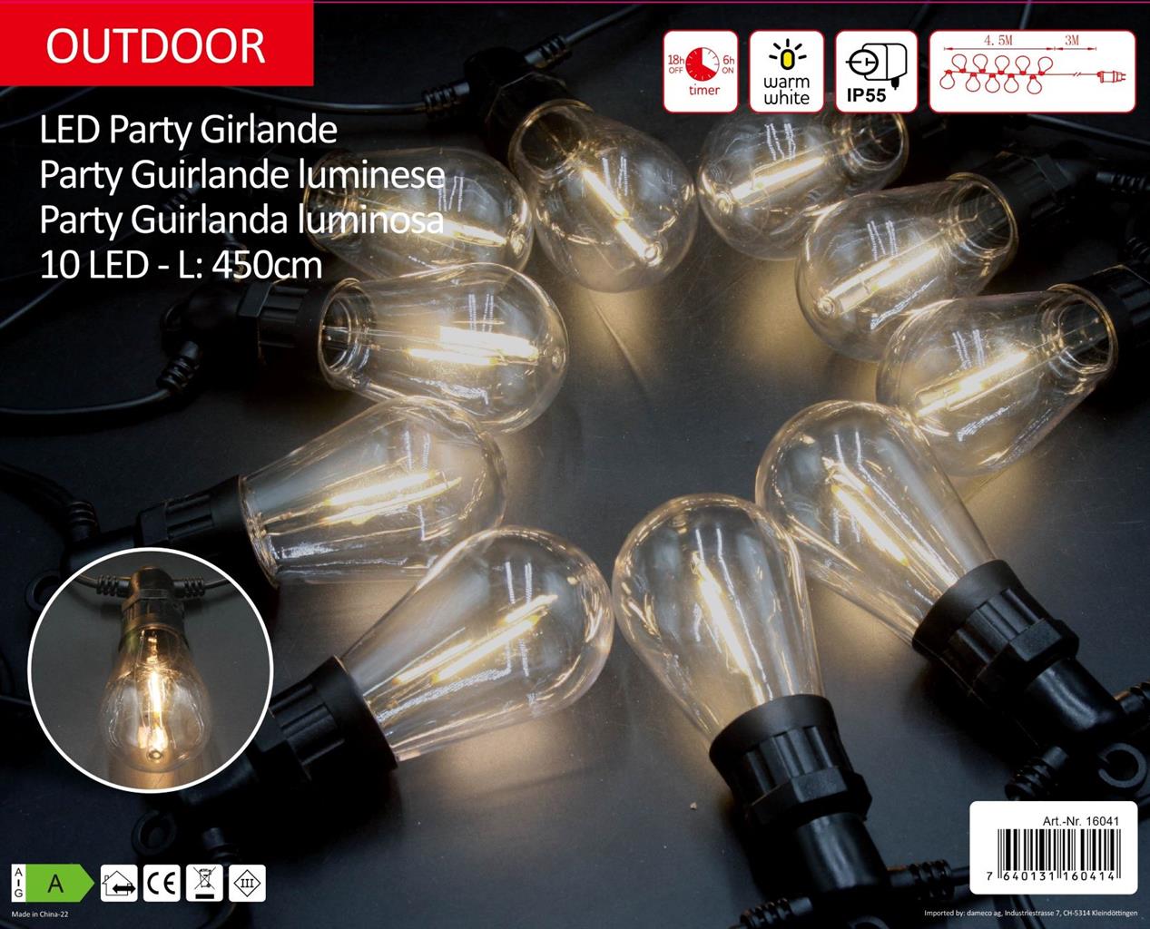 LED Outdoor "Party" Girlande 
mit 10 LED Länge 450cm
warm weisses Licht