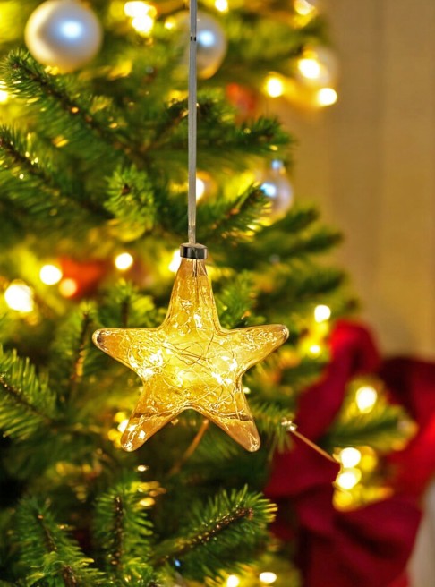 LED Glas Stern organisch gold, transparent mit 15 LED D15cm Tube Batteriefach