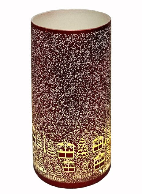 Windlicht aus Glas Bergdorfmotiv rot weiss
